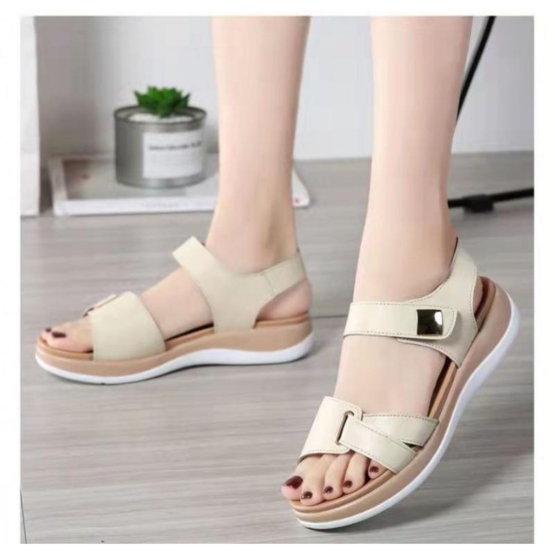 

мода Летние Женские Сандалии Плоская Обувь Женская Легкая Удобная Кожа Повседневная Застежка-Липучка Сандалии Женские Женская Обувь Большой Размер 43 37 бежевый