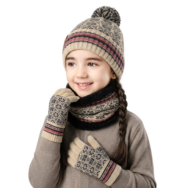 Knitted Toddler Beanie Hat Scarf Glove Set With Jacquard Warm Fleece Lined Winter Accessory Kids