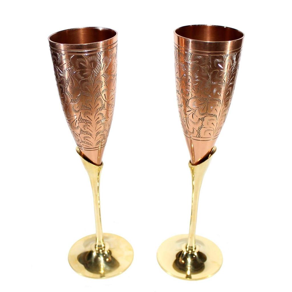 Engraved Copper Plated Brass Wine Goblet Champagne Flutes Coupes Glasses Set of Two - Ideal for Moscow Mule Too (Slender Copper)