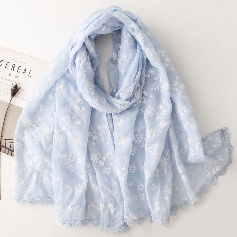Plain Embroider Floral Viscose Scarf Lace Chain Lady High Quality Shawls And Wraps Pashmina Stole Foulards Muslim Hijab 180*90Cm