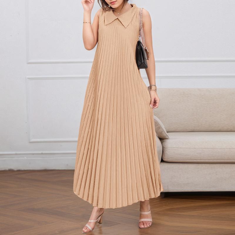 

ZANZEA Женское свободное повседневное платье без рукавов с плиссировкой и отложным воротником 3XL хаки