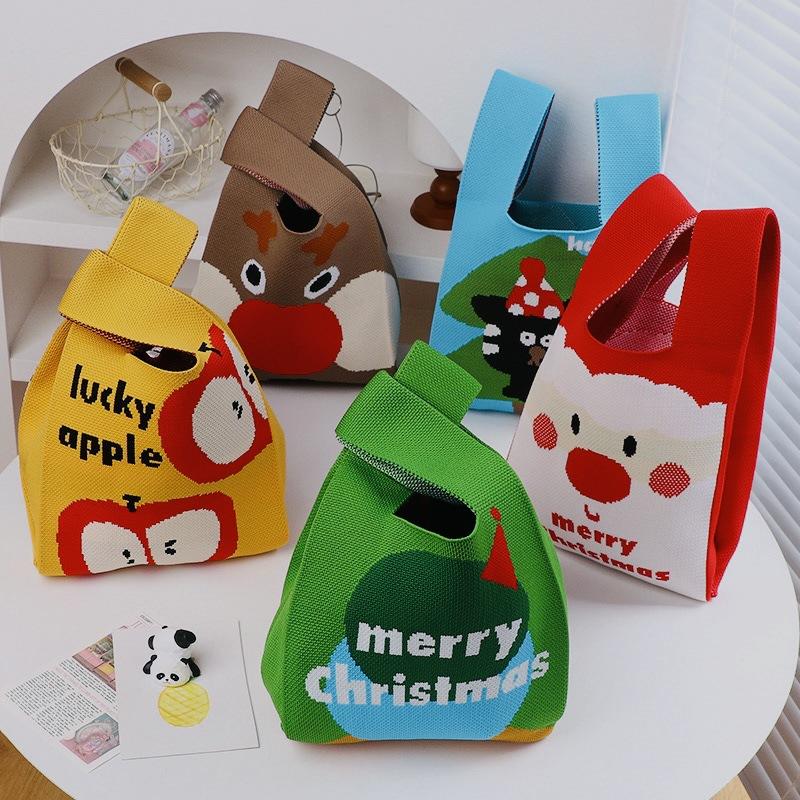 Christmas Handmade Knit Handbags Women Knot Wrist Bag Casual Small Tote Bag Girls Reusable Shopping Bags KTB