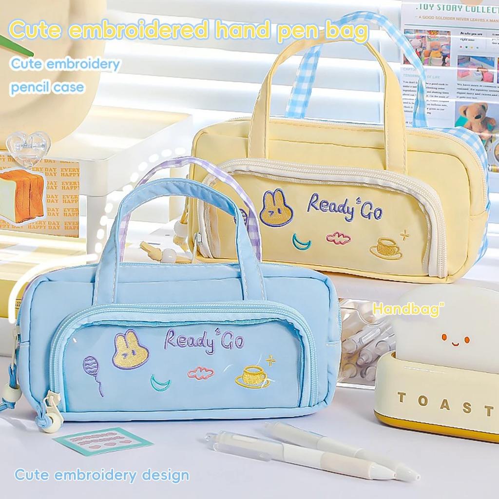 Kawaii Large Capacity Pencil Case Ins Cute Pen Pouch Checkered Tote Bag For Students School Supplies Stationery Organizer