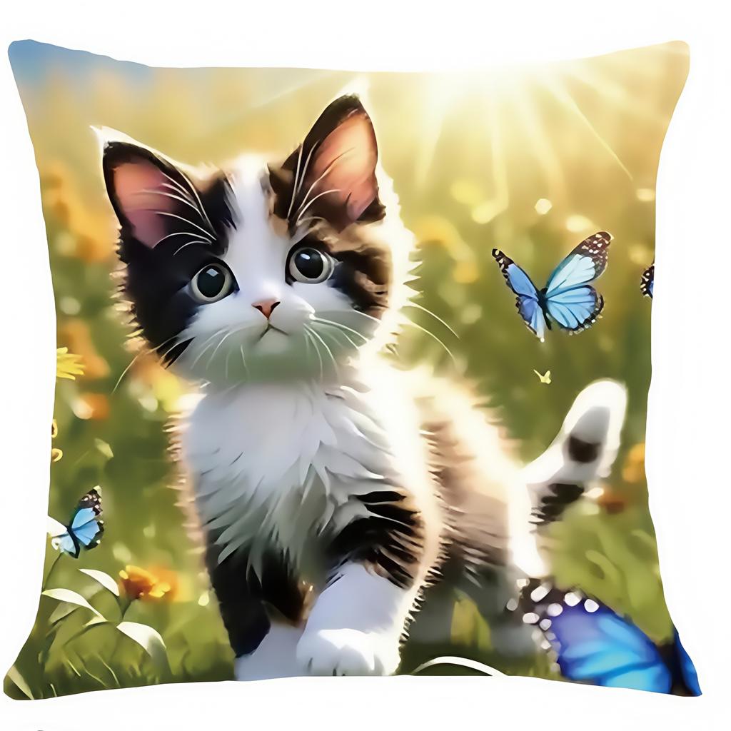 1Pc Cartoon Style Sunny Cat Pattern Pillow Case Decorative Pillow Covers Square Pillow Covers For Bedroom Living Room Sofa