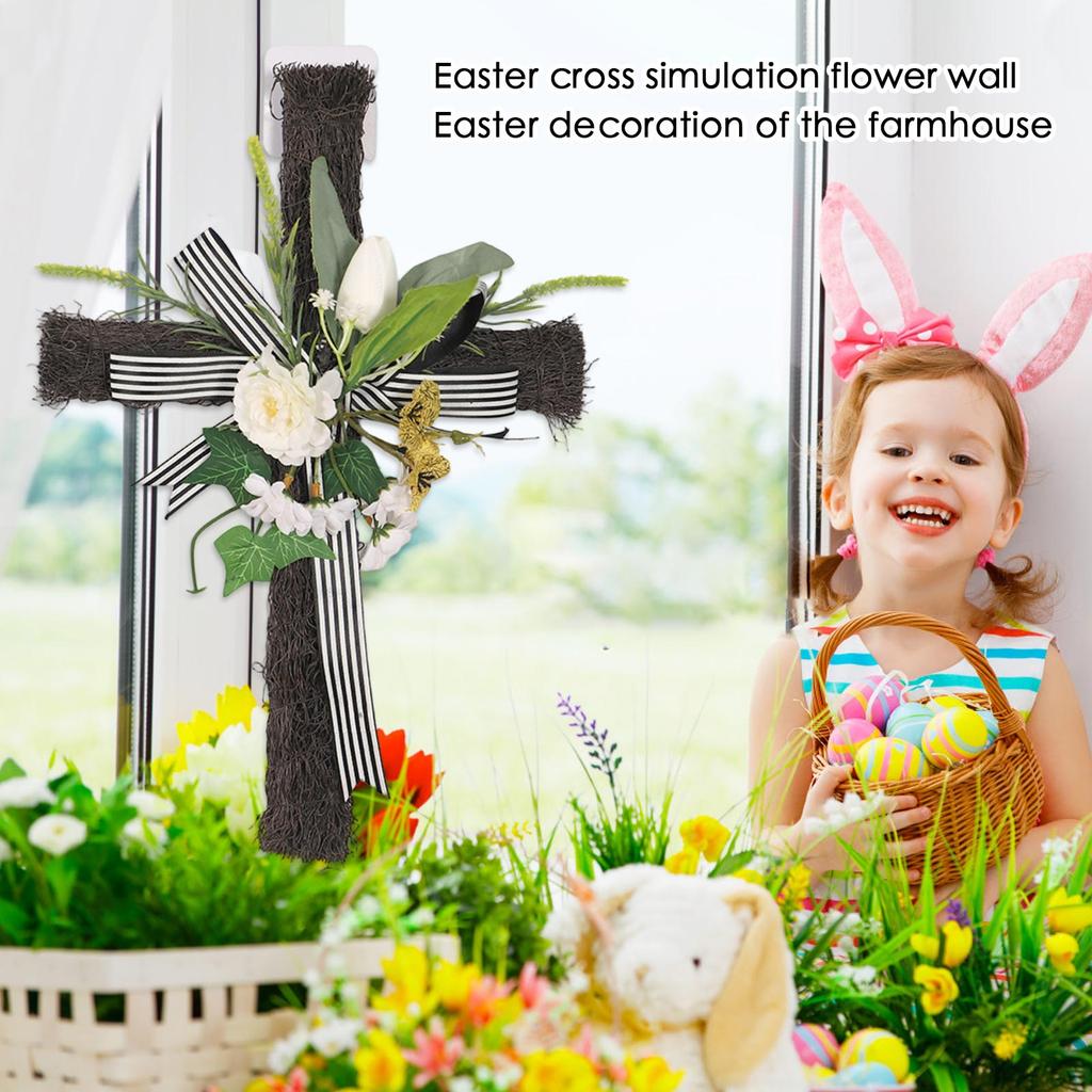 Easter Cross Simulation Flower Wall Hanging Wreath, Artificial Flower Decoration, Easter Farmhouse Front Door Decorations