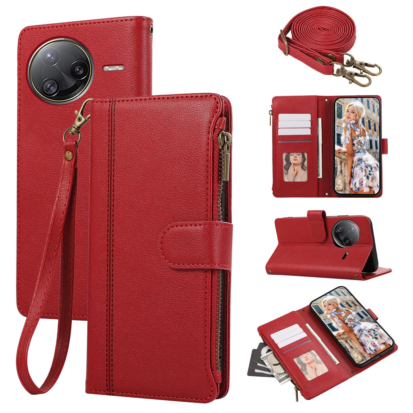 

For Xiaomi Poco F7 Ultra 5G/Redmi K80 Pro 5G Case Multi Card Slots Zipper Leather Phone Cover with Shoulder Strap/Wrist Strap Red
