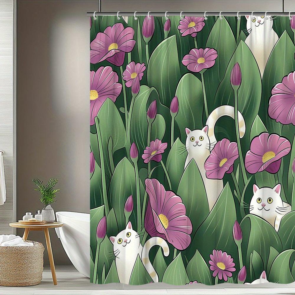 1pc Cat Funny Animal Pattern Shower Curtain Vivid Floral Leaves Background Design Fun And Interesting Bathroom Decor Polyester
