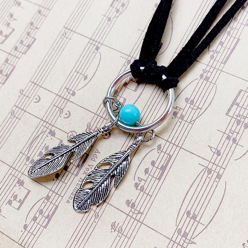 Velvet Choker Black Leather Choker Necklace Antique Color Feather Shape Charm Multilayer Chain Necklace