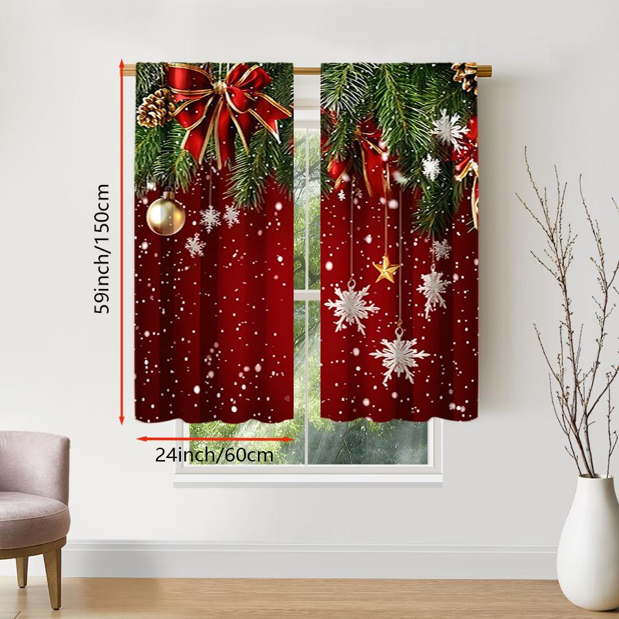 2PCS Snowflake Pine Branch Curtains, Christmas Winter Print, Holiday Window Drapes for Living Room Bedroom Decor