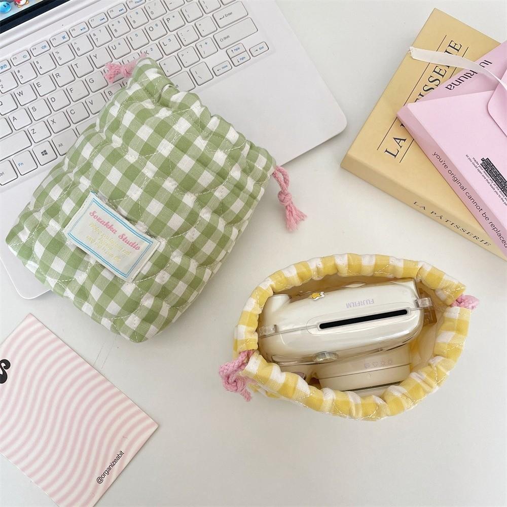 Plaid Drawstring Wallet Anti-fall Makeup Lipstick Storage Bag Camera Storage Bag  for Travel