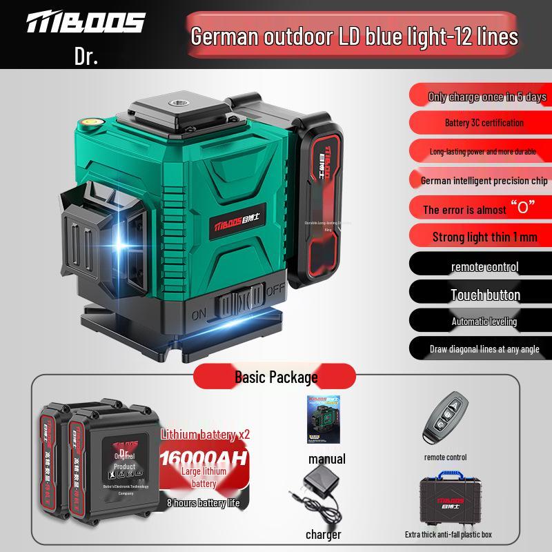 High-Precision 12-Line Outdoor Green Laser Level with Automatic Leveling for Walls and Floors