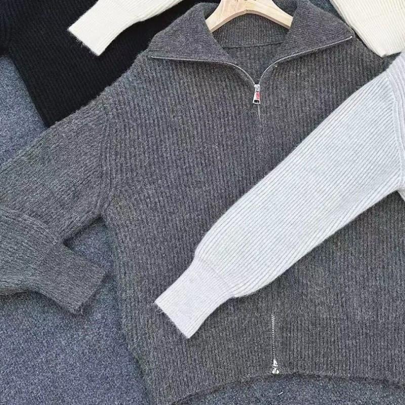 Womens Oversized Knit Cardigan With Zipper Collar Loose Fit Long Sleeve Sweater Jacket Winter