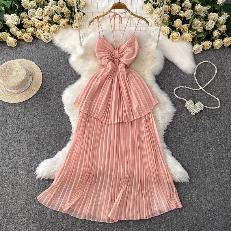 Vacation Sexy Hollow-out Bow V-neck Hanging Neck Sling Dress Women Summer Waist Hugging Slimming Pleated Cake Skirt