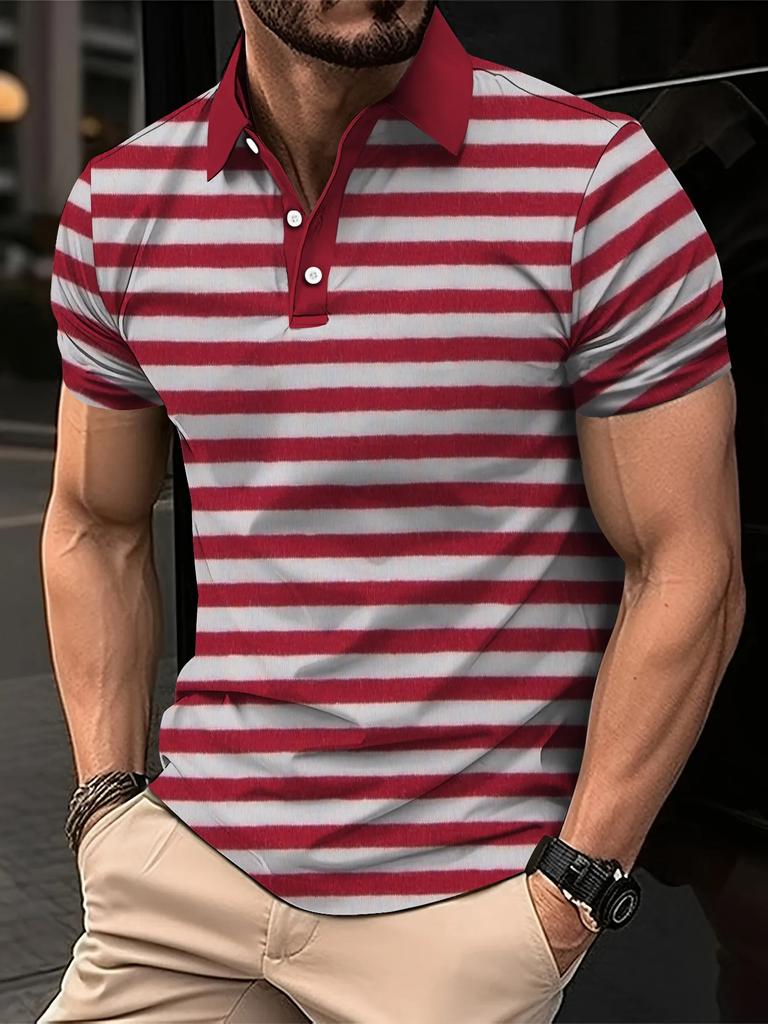 Men's Summer Short Clothes Sleeved Lapel 3D Digital Printed Striped Polo Shirt Men's Fashion Business Casual Top Clothes