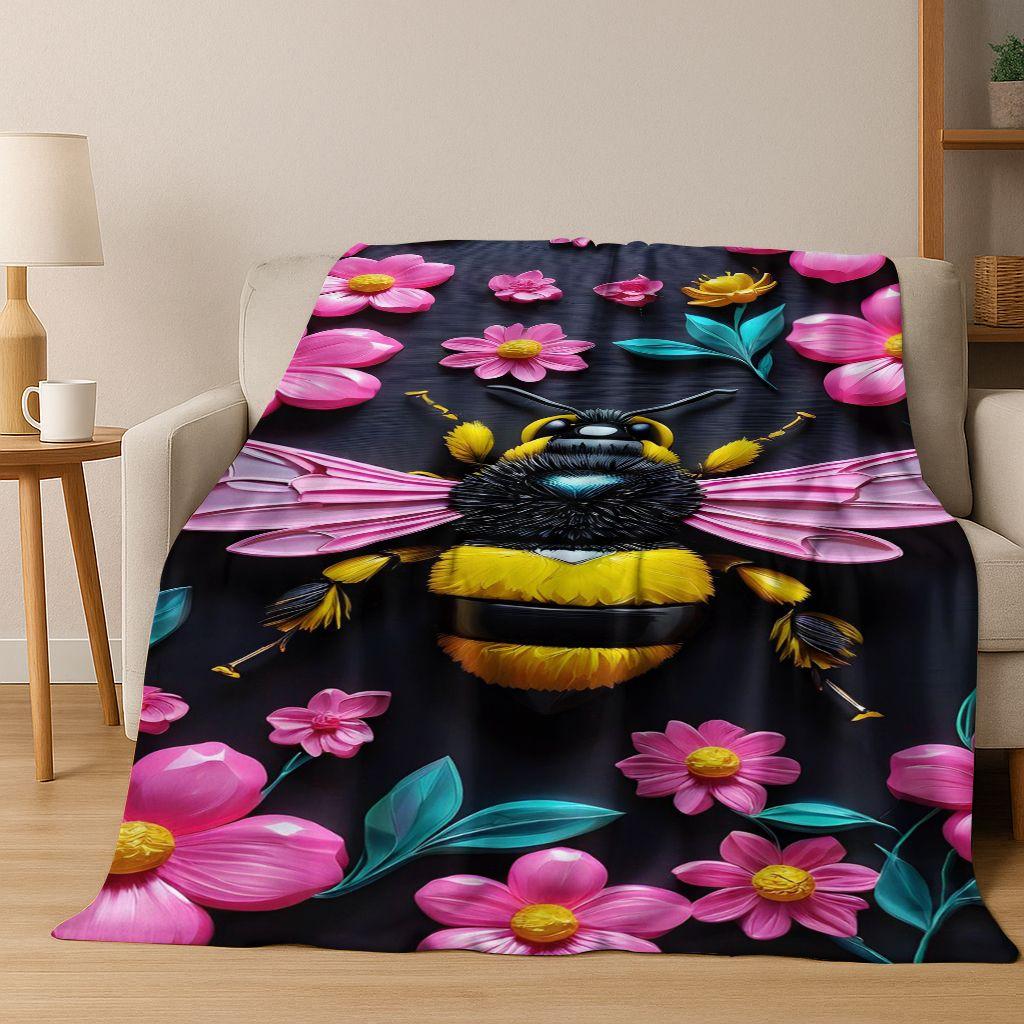 Cute Cartoon Bee HoneyBee Insect Art Flannel Blanket,Cozy Soft Throw Blanket for Home Bedroom Bed Sofa Picnic Cover Gift Kids