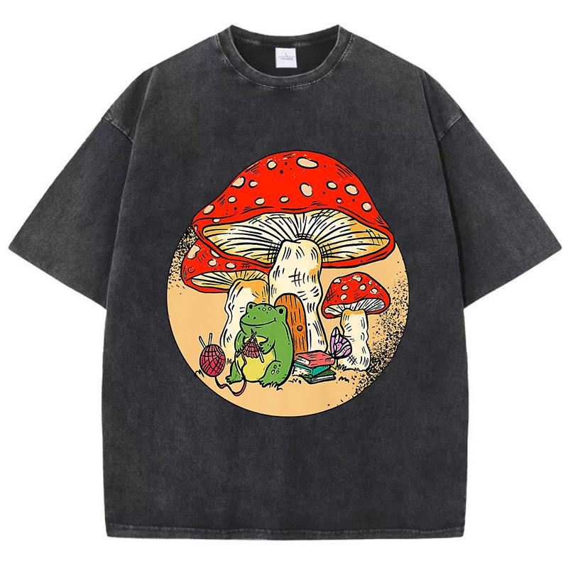 Cute Frog Kinting Mushroom Print Woman Washed T-Shirt Cotton Summer T Shirt Soft Loose Streetwear Y2K Short Sleeves