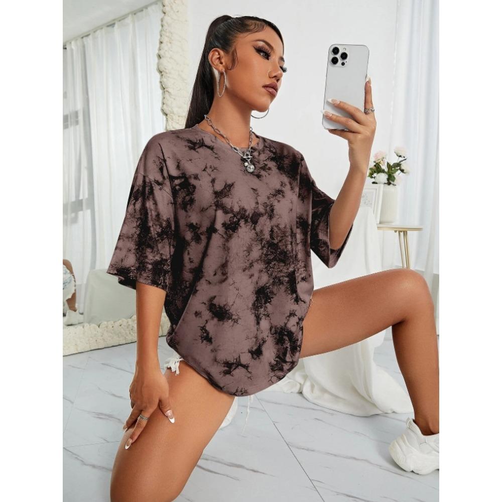 

2025 Лето Новые женские тай-дай принт повседневные модные тенденции женские с коротким рукавом XS розовый