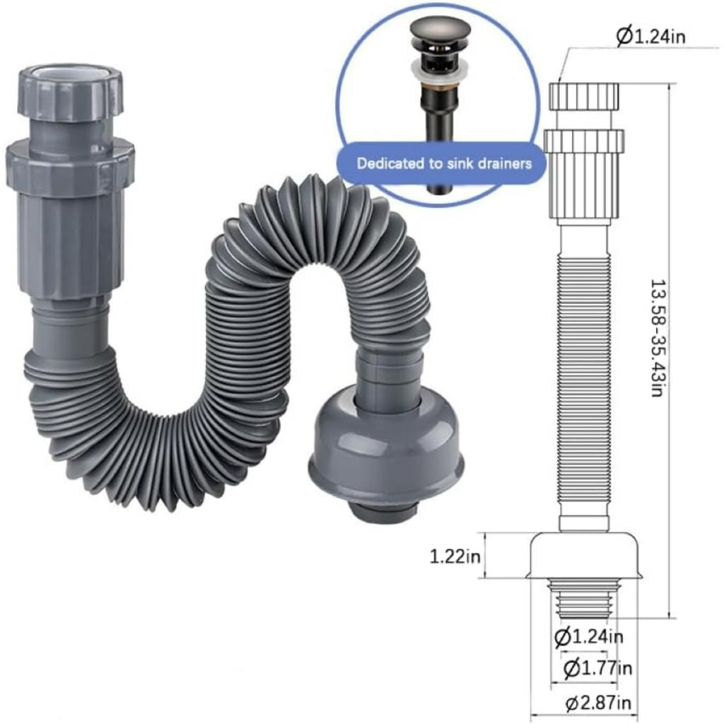 Plastic Bathroom Sink Drain Pipe, Flexible Sink Drain Pipe, Suitable for 1-1/4'' Sink Drains, Gray, Retractable, 13-35 Inches