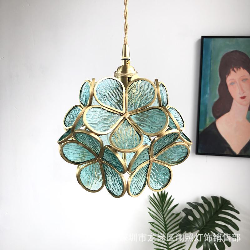 Nordic Japanese Handmade Brass and Glass Petal Chandelier for Bedroom, Bedside, Restaurant, or Entrance