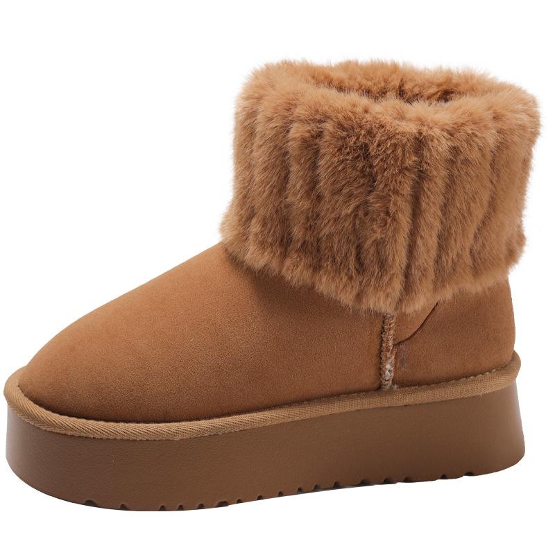 Women's Fur Mouth Thick Sole Large Size Thickened Winter Warm Fur One Snow Boots Padded Lining Ankle Boots Non-slip Hiking Sports Cotton Boots