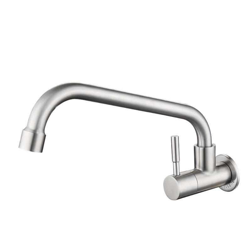 Modern Wall Mounted Single Cold Water Tap Kitchen Sink Faucet 304 Stainless Steel Brushed Ceramic Single Hole Rotatable Balcony