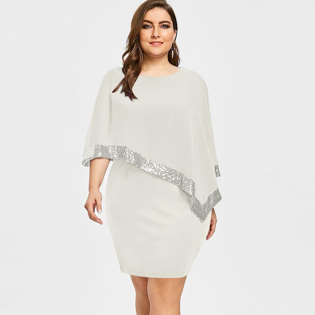 Women's Fashion Plus Size Irregular Sequin Splicing Strapless Chiffon Round Neck Dress