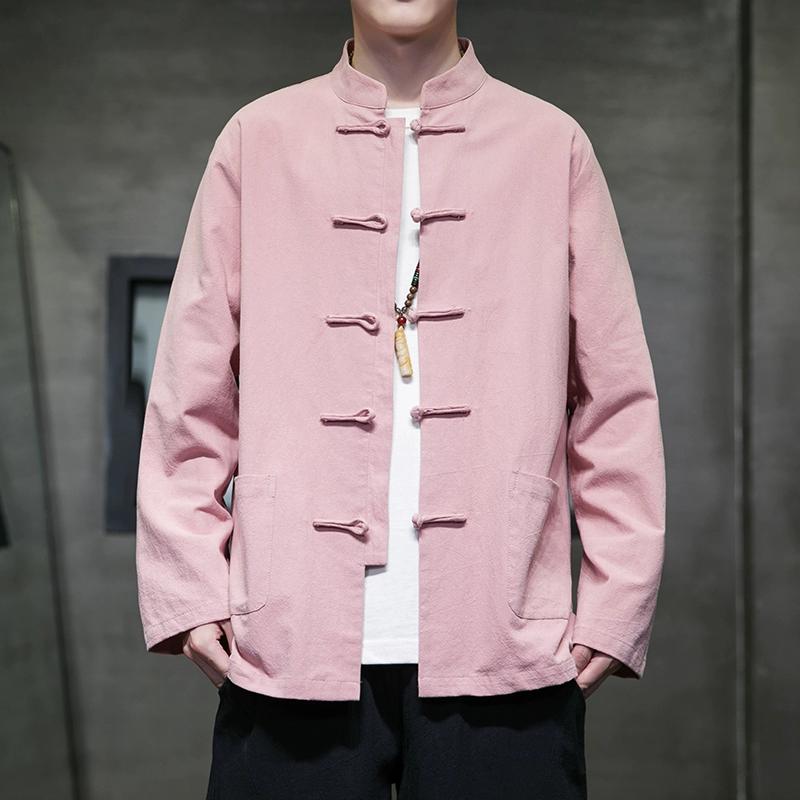 

2024 весенние льняные рубашки мужские в китайском стиле с длинным рукавом в стиле ретро рубашка на пуговицах сплошной цвет с воротником-стойкой свободные топы больших размеров M розовый