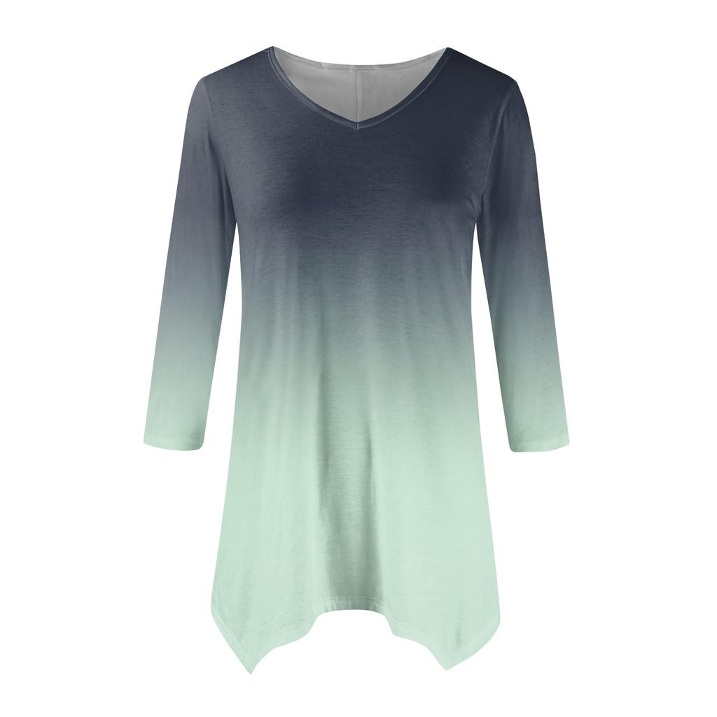 Women's Fashion Casual V-neck Gradual Print Seven-point Sleeve Shirt Belted Loose Comfortable Top