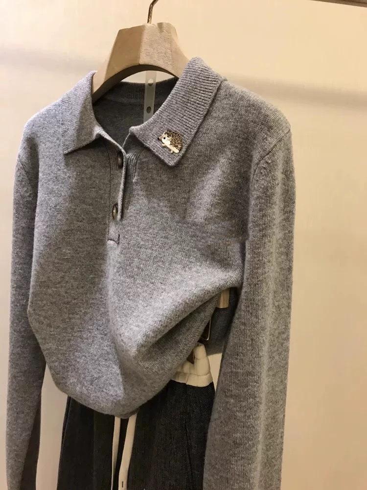 Celebrity Style Hedgehog Embroidery Cashmere Polo Collar Knitwear Women's Spring Autumn Loose Sweater Base Layer Wool Sweater