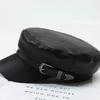 Women Men Fashion Leather Hat with Belt Buckle Military Beret Cap Flat Top Sailor Hat Black Autumn Spring Casual Vintage