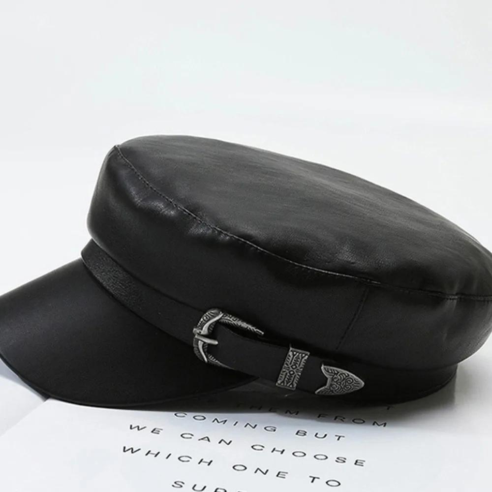 Women Men Fashion Leather Hat with Belt Buckle Military Beret Cap Flat Top Sailor Hat Black Autumn Spring Casual Vintage