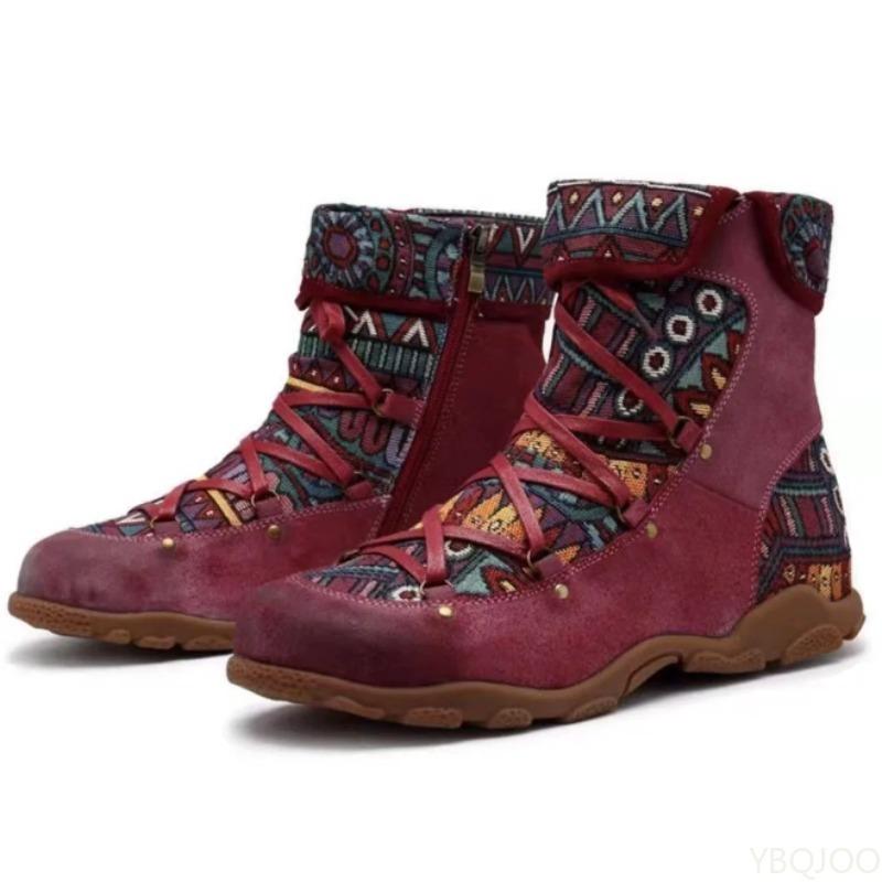 Fashion Women's new flat bottomed short boots with tie up ethnic style simple comfortable versatile daily casual women's boots