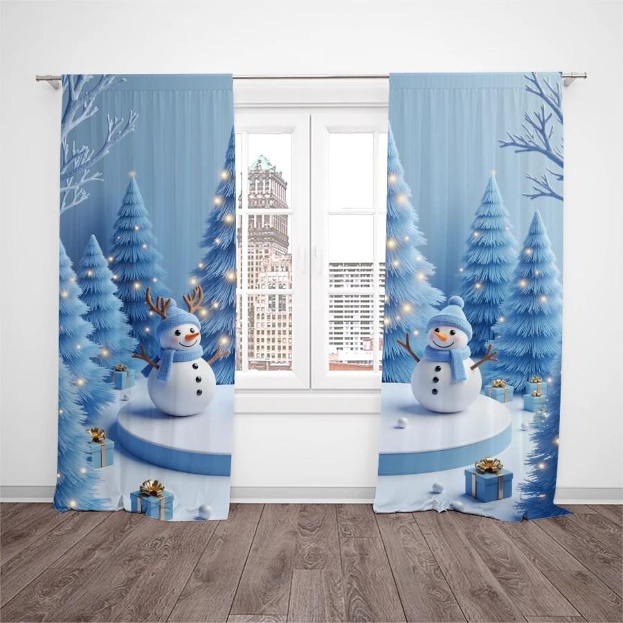 Set Of 2 Jit Snowy Tree Snowman Printed Curtain Voile Christmas Window Decor Home Curtains Sheer Made Polyester