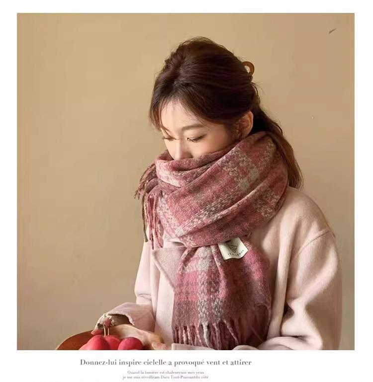 Korean Style Thick Pink Plaid Scarf for Women - Autumn/Winter Neck Warmer