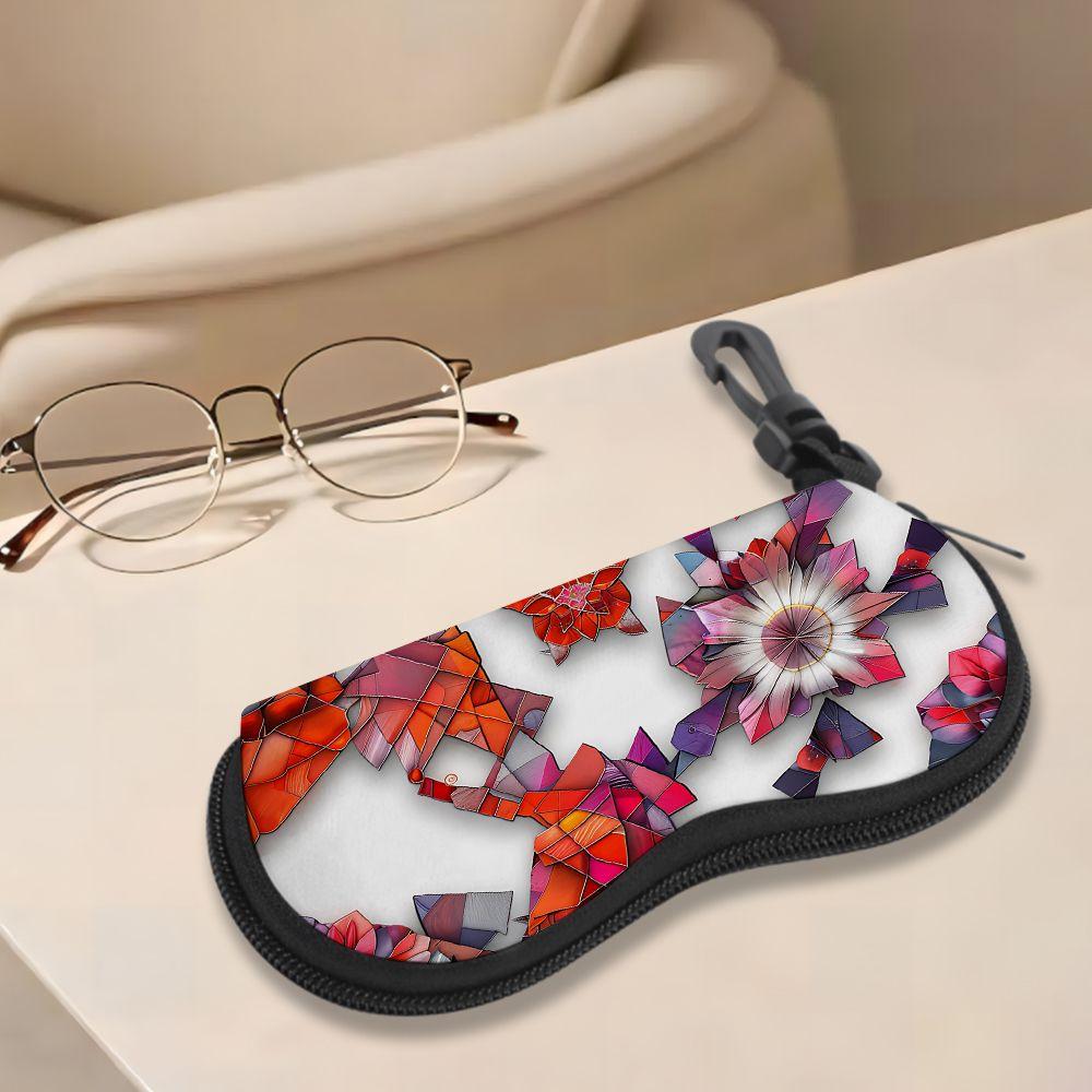 2D-Abstract Geometric Floral Art Print Sunglasses Case, Zipper Eyeglasses Protective Holder, Stylish Portable Travel Eyewear Pouch for Women Men