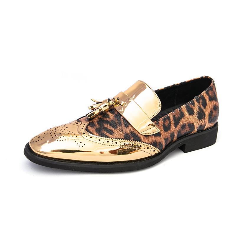 Fashion Metallic Leopard Print Color Glossy Finish Leather Casual Slip on Non-slip Men Fashionable Men's Party Dance Stage Loafer Shoes