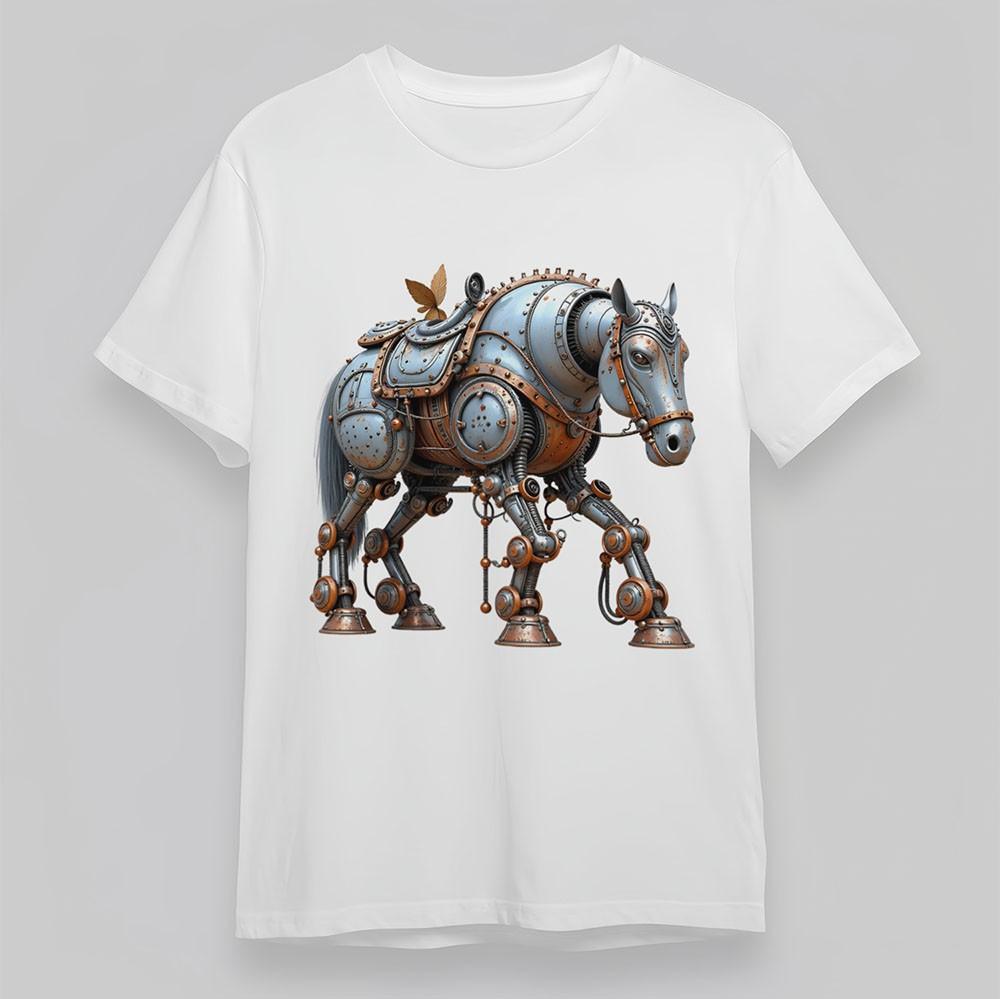 

Women s Cotton Soft Plus Size T-Shirt Steampunk Mechanical Horse Short Tee White 4XL