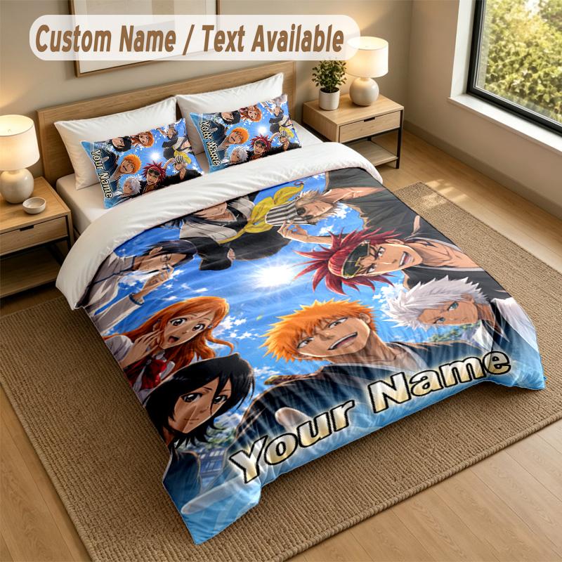 3-teiliges Bettwäsche-Set mit individuellem Namen/Text, 1 Bettbezug, 2 Kissenbezüge, Heim-Bettdekoration Bleach Anime