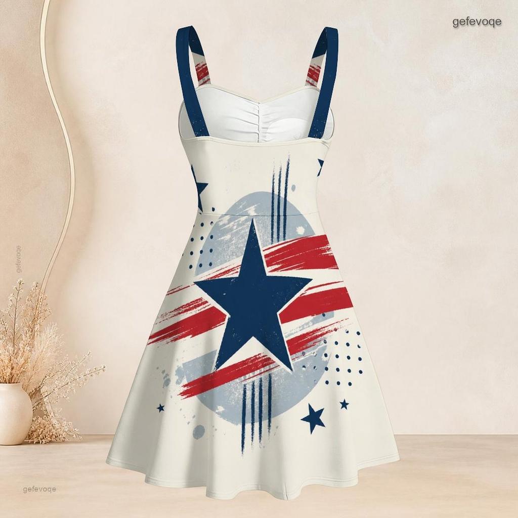 Women Plus Size Off Shoulder Sleeveless Strappy Star Stripe Printed Flared Dress