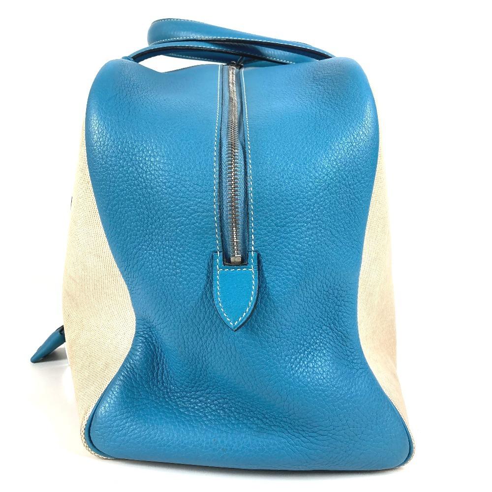 HERMES Victoria 43 Boston Bag Hand Bag Toile H / Leather Blue gene blue/Beige