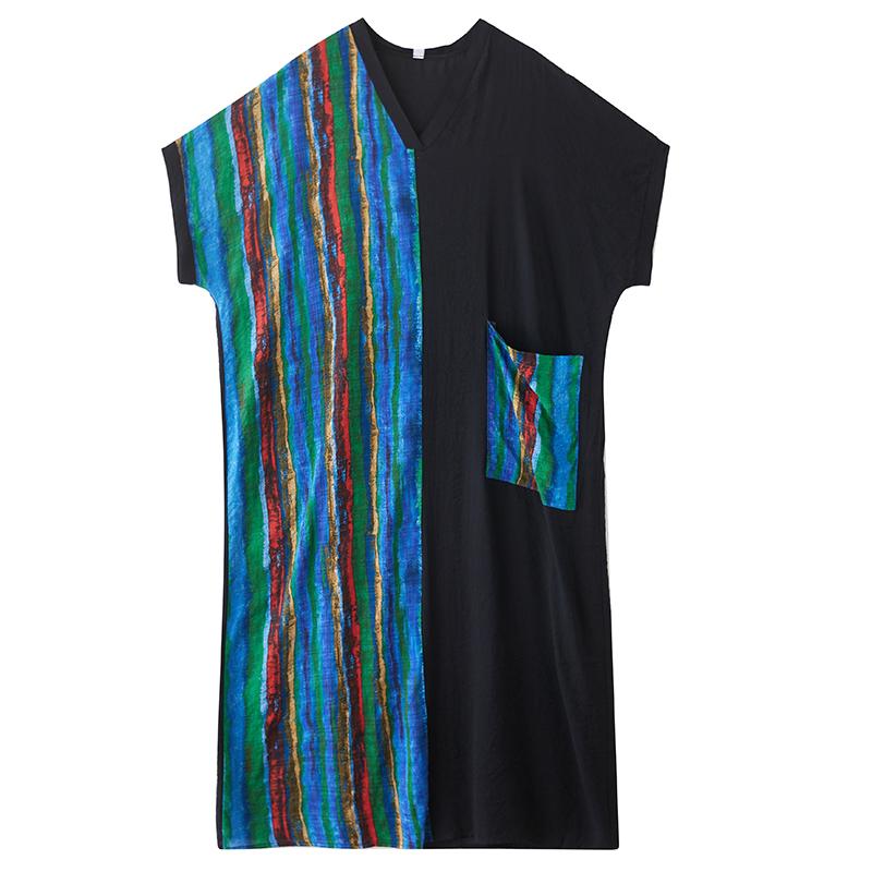 DIMANAF Women Summer New 2025 Plus Size Dress Casual V-Neck Loose Stripe Long Dress Vintage Dress Maxi