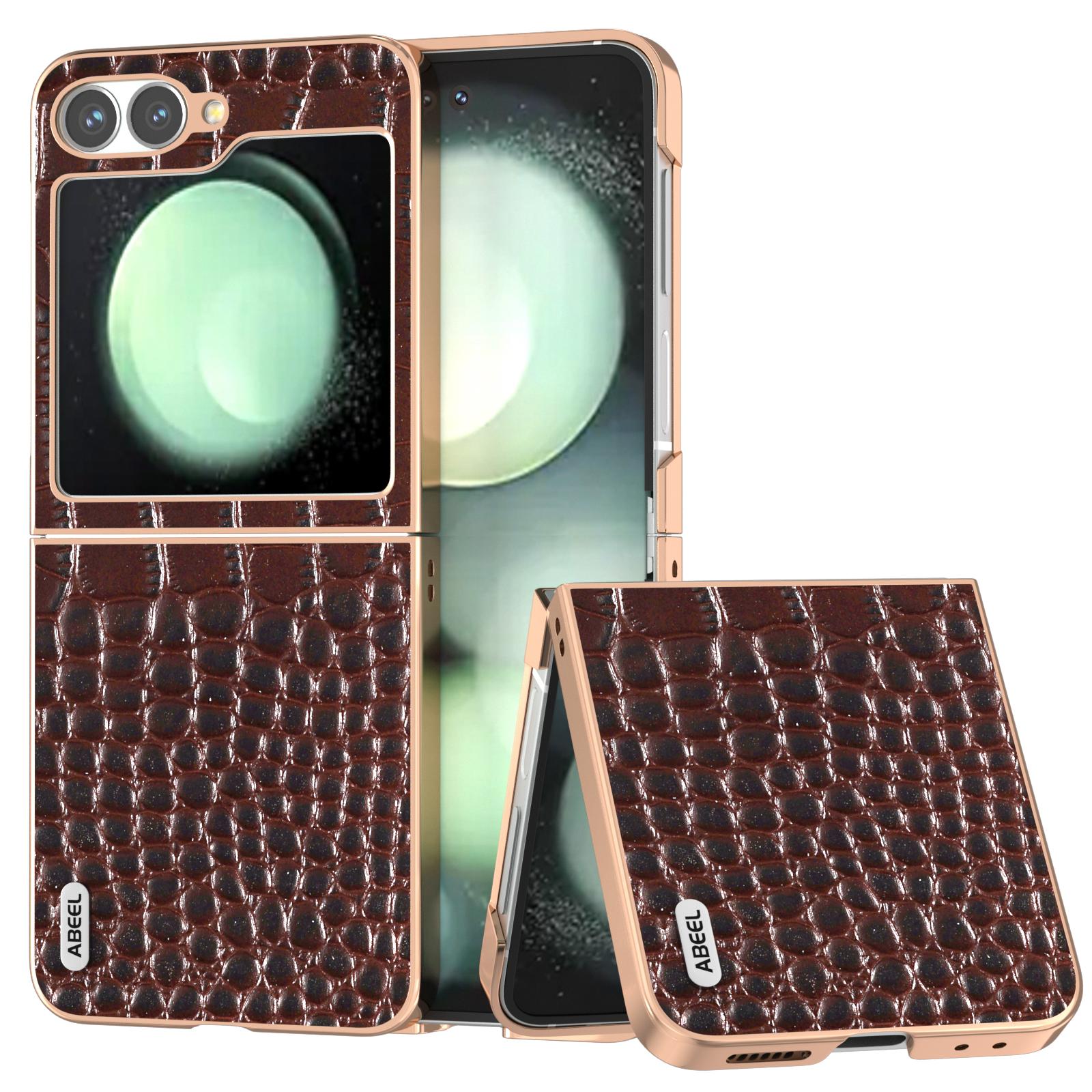 

ABEEL For Samsung Galaxy Z Flip7 FE 5G/Z Flip6 5G Case Electroplating Edge Crocodile Texture Genuine Cow Leather Back Cover D