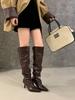 2025 autumn and winter new pleated design black leather boots, wearing soft-soled thin knight boots for women