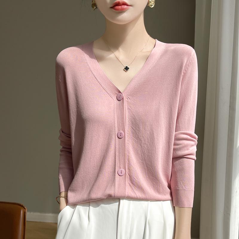 Women's Ice Silk Knitted Cardigan - Pink, Lightweight, Sun-Protective Summer Jacket