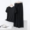 Color Block Cotton Crew Neck Two-Piece Set: Short Sleeve Top & Wide Leg Drawstring Pants