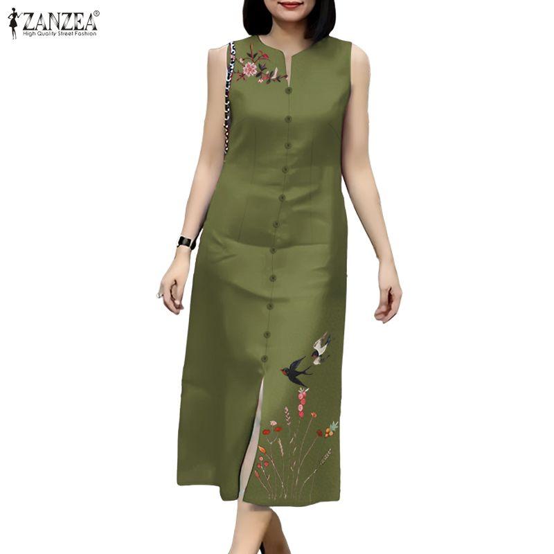 ZANZEA Women Casual Round Neck Summer Sleeveless Print Tank Dress
