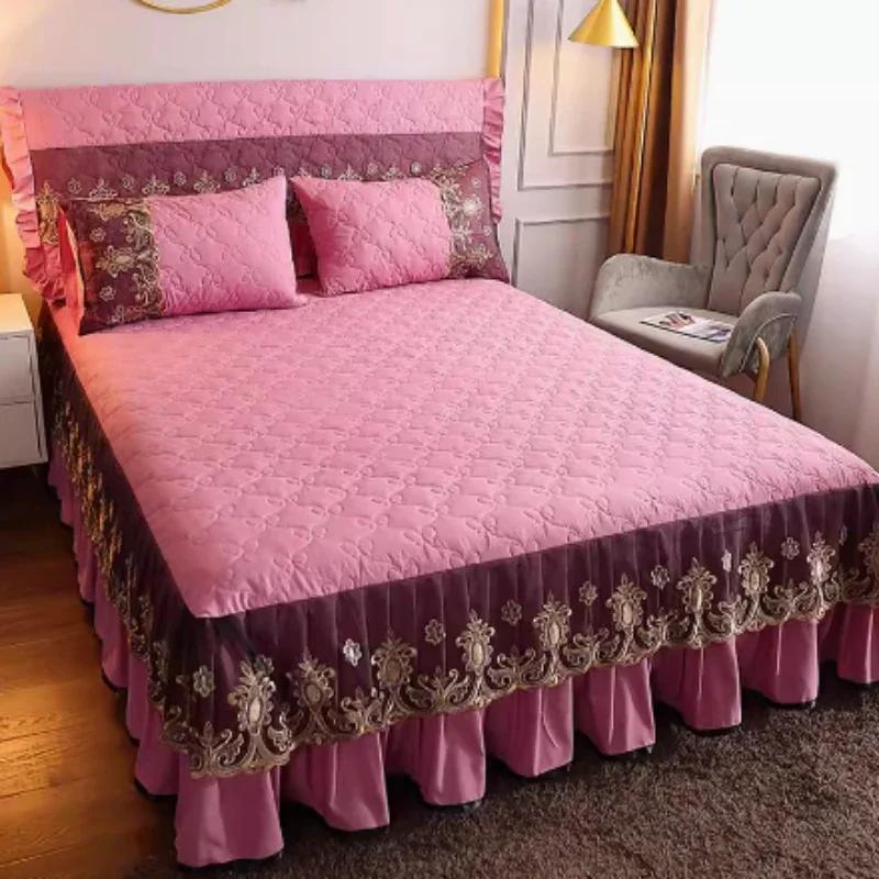 3-Piece Bed Skirt Set Modern Minimalist Lace Dustproof Machine Washable Thickened Bed Covers for Home