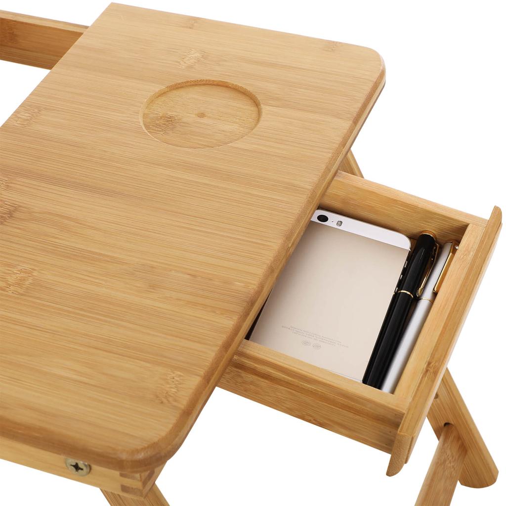 SONGMICS Bamboo Laptop Desk, Foldable Bed Table, Height Adjustable Sofa Tray, with 5 Tilting Angles, Air Holes, Small Drawer, 55 X 35 X (21 - 29) Cm