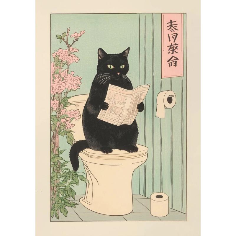 Gatto Tigrato Giapponese nella Vasca da Bagno Stampe Poster Pittura su Tela Estetica Retrò Arte da Parete Immagine Japandi Bagno Toilette Decorazione Casa