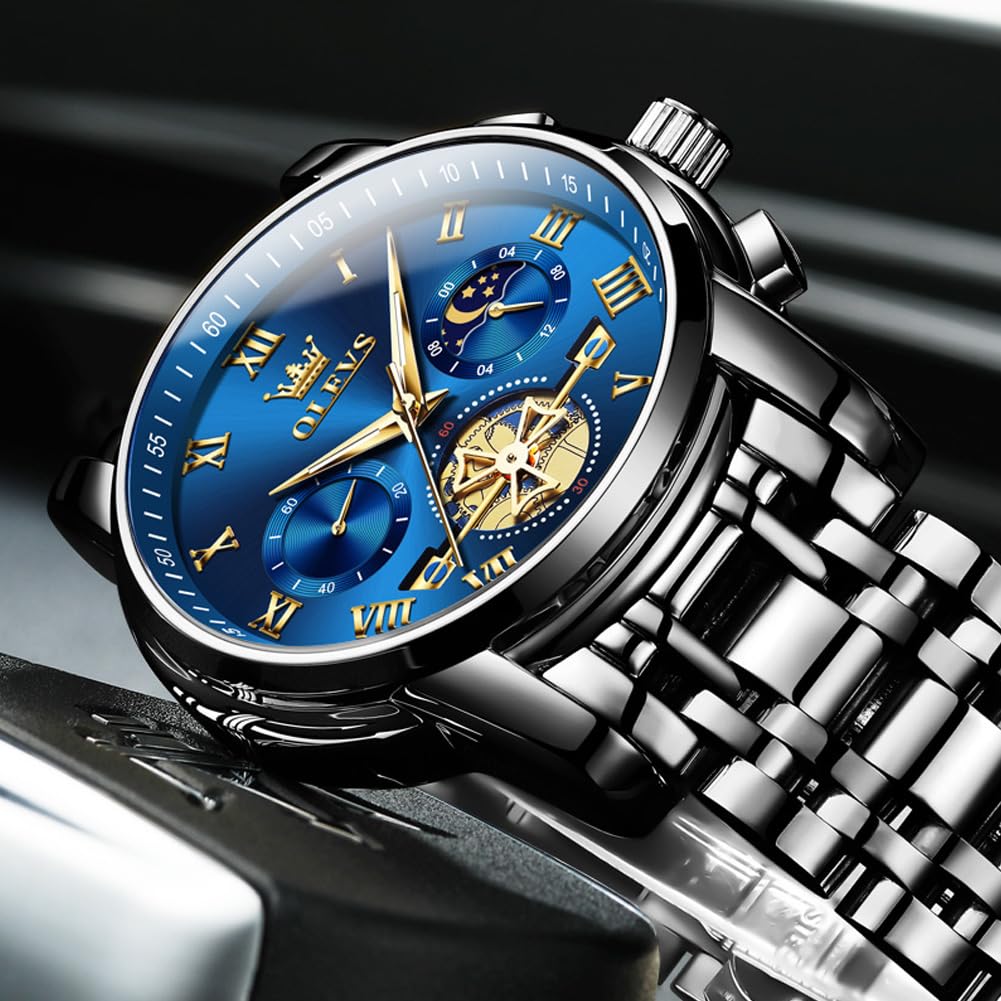 OLEVS Stylish Chronograph Popular Brand for Waterproof Quartz Wristwatch Men's Watch, Business, Large, Easy-to-Read Analog, (Black/Blue)
